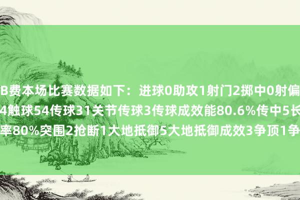 B费本场比赛数据如下：进球0助攻1射门2掷中0射偏1掷中门框1丢失球权14触球54传球31关节传球3传球成效能80.6%传中5长传5长传准确率80%突围2抢断1大地抵御5大地抵御成效3争顶1争顶成效0被犯规2    沙巴体育网体育信息